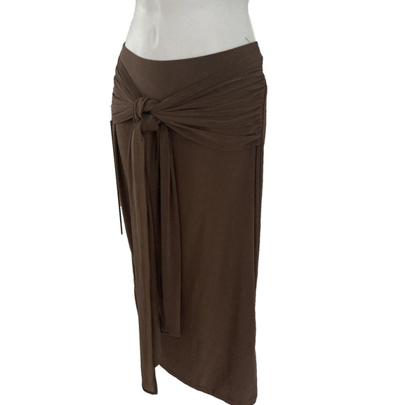 London Rose Women Straight Pencil Skirt Size L Brown Knit Elastic Waist Ties NWT - Picture 3 of 11